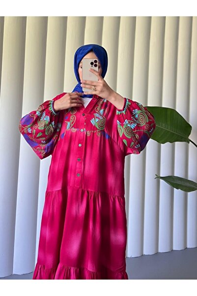 Modamorfo Φόρεμα με γιακά με μισό κουμπί με ελαστικό σχέδιο - Ροζ