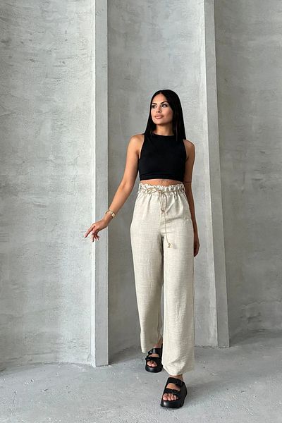 sportiness Straw Belt Palazzo Linen Wide Leg Trousers