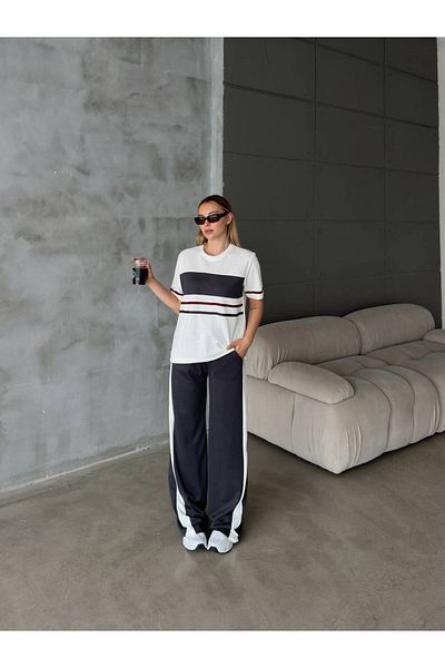 Gameyal Women's Modal Fabric Stripe Detailed T-Shirt Pants Set