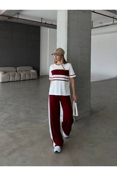 Gameyal Women's Modal Fabric Stripe Detailed T-Shirt Pants Set