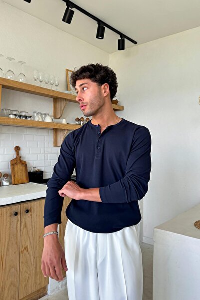 Flaw Wear Navy Blue Buttoned Long Sleeve T-Shirt