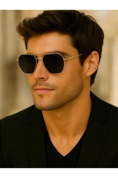 Merand Geometric Sunglasses with Gold Detail – Unisex Metal Frame, Navy Blue Glass
