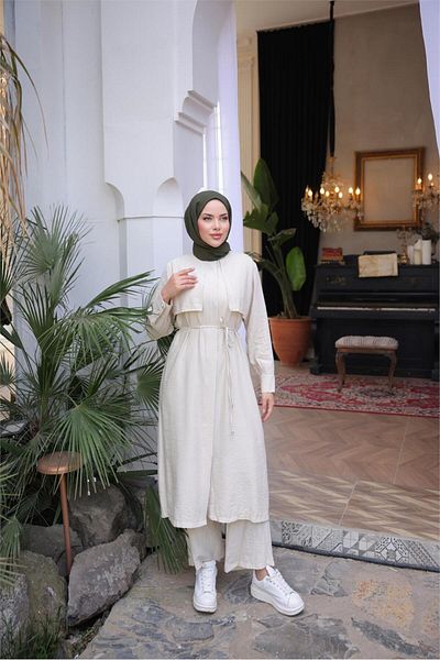 Bwest Waist Laced Short Vest Detailed Dress Double Hijab Tracksuit Set - (38-46) - 71284 - Beige