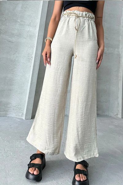 sportiness Straw Belt Palazzo Linen Wide Leg Trousers