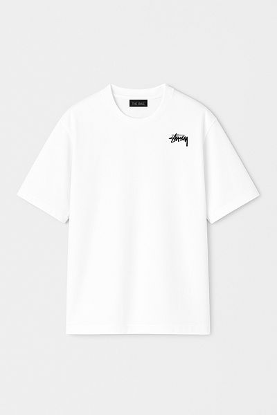 THE RULE Unisex Stüssy Front Printed Oversize 100% Cotton Wide Cut Textured Crew Neck White T-Shirt Rf0520