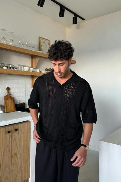 Flaw Wear Πλεκτό μπλουζάκι με λαιμόκοψη πόλο μαύρο