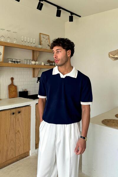 Flaw Wear Πλεκτό μπλουζάκι με λαιμόκοψη πόλο βασικό σχέδιο σε μπλε ναυτικό