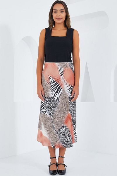 D&M Life Collection Salmon Black Patterned Satin Skirt 15806 - 42 - Salmon