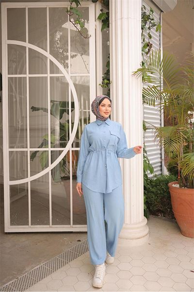 Bwest طقم رياضي بحزام للخصر وجيب واحد - (38-46) - 71283 - نيلي