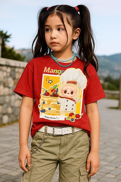 Touz Moda Tricou roșu oversize unisex cu design Labubu Kids