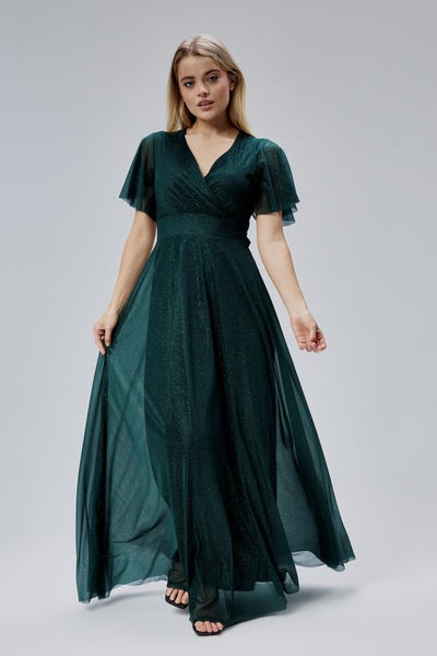 HELVEYS Kadın Simli Tüllü Kruvaze Yakalı İç Astarlı Volan Kollu Fermuarlı Esn...