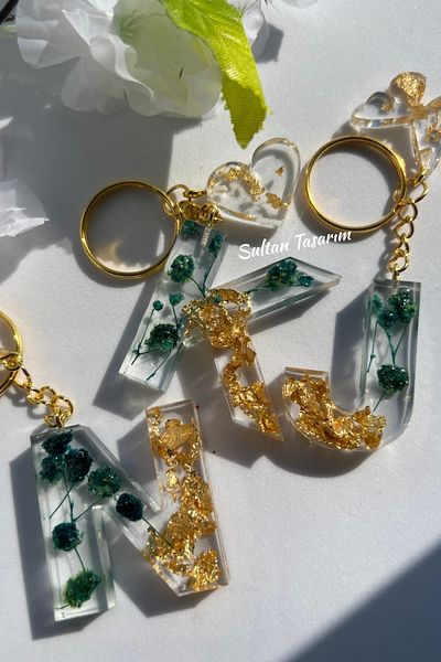 Sultan Tasarım Gold Foil Floral Glittery-Paillette Epoxy Letter - Number Keychains