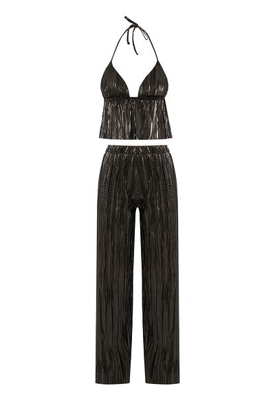 AQUELLA Pleated Black Shiny Bustier Trousers Suit