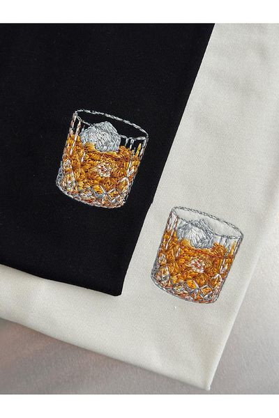 Trendiz Unisex Premium Whiskey on the Rocks Κεντημένο Tshirt Λευκό