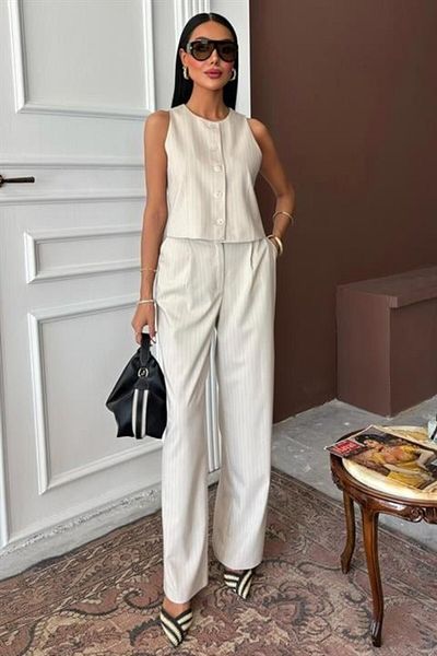 D&M Life Collection Vest Plazzo Pants Striped Flared Polyviscon Suit 10178 - XL - Mink