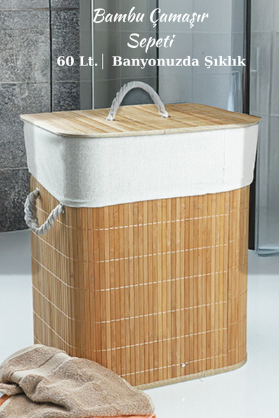 welcomein Doğal Bambu Kapaklı Çamaşır Sepeti – Kapaklı, İpli Kulplu, Yıkanabi...