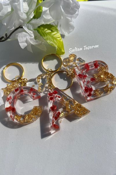 Sultan Tasarım Gold Foil Floral Glittery-Paillette Epoxy Letter - Number Keychains