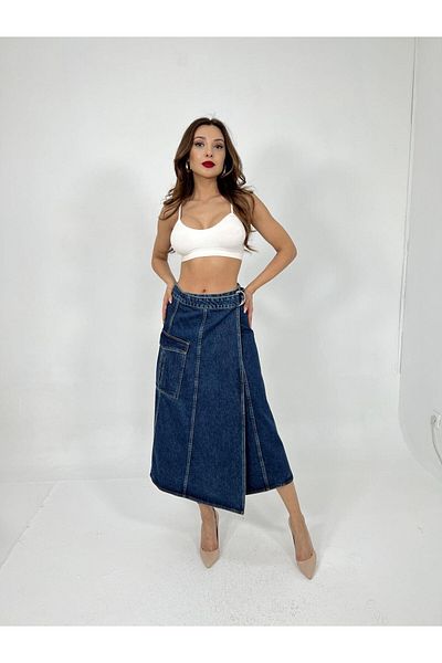 D&M Life Collection 6522 Denim Skirt-Blue - L - Blue