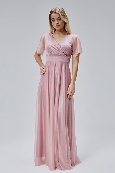 HELVEYS Γυναικείο ασημί τούλινο φόρεμα με διπλό γιακά, εσωτερική επένδυση, μα...