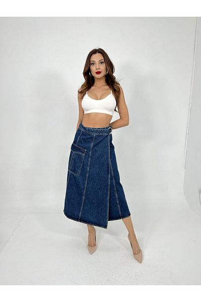 D&M Life Collection 6522 Denim Skirt-Blue - L - Blue