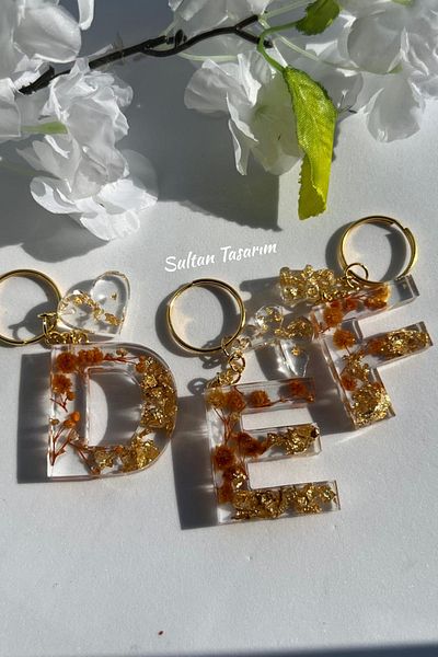 Sultan Tasarım Gold Foil Floral Glittery-Paillette Epoxy Letter - Number Keychains