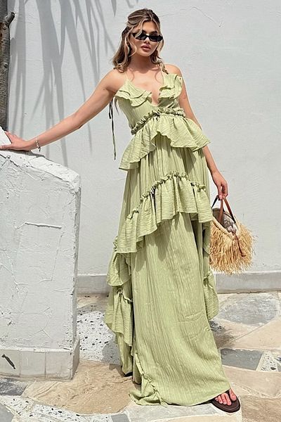 FASHION COCKTAIL Καλοκαιρινό μακρύ παραθαλάσσιο φόρεμα διακοπών με κορδόνια με βολάν, κυματιστό και χωρίς σχισμές