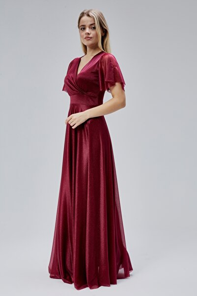 HELVEYS Kadın Simli Tüllü Kruvaze Yakalı İç Astarlı Volan Kollu Fermuarlı Esnek Şık Uzun Abiye Elbise H3051