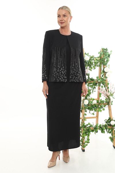 MİSS DİAMOND Jacket and Sleeve Stone Embroidered Black Floor-Length Triple Suit