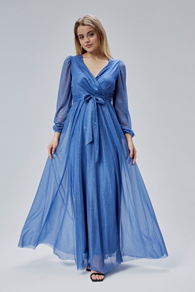 HELVEYS Γυναικείο ασημί τούλινο μακρυμάνικο φόρεμα με διπλό γιακά, εσωτερική ...