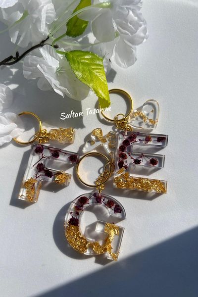 Sultan Tasarım Gold Foil Floral Glittery-Paillette Epoxy Letter - Number Keychains