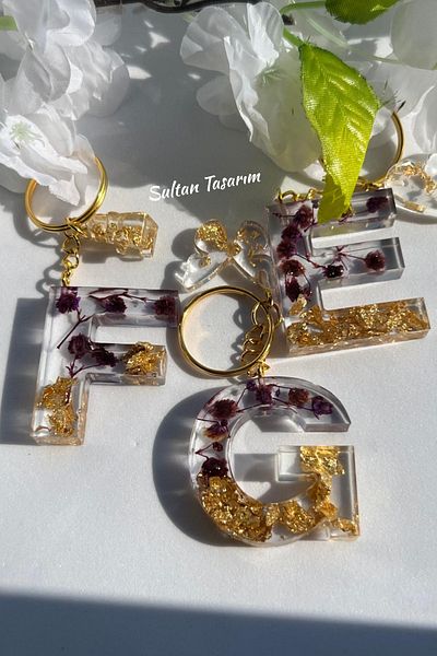 Sultan Tasarım Gold Foil Floral Glittery-Paillette Epoxy Letter - Number Keychains