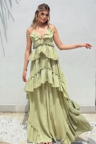 FASHION COCKTAIL Καλοκαιρινό μακρύ παραθαλάσσιο φόρεμα διακοπών με κορδόνια με βολάν, κυματιστό και χωρίς σχισμές
