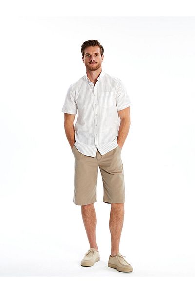 LC Waikiki Green Regular Fit Short Sleeve Striped Linen Blend Men's Shirt