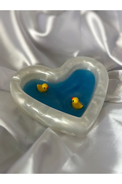 Milo Art El Yapımı Mini Ördek Temalı Kalp Şeklinde Epoksi Küllük Kalp Küllük Kül Tabağı
