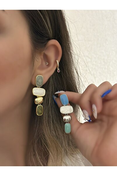 MyladyAccessoriess 14K Altın Kaplama Sallantılı Geometrik Küpe Mavi