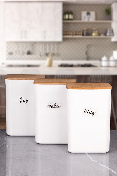 naturelove 3-Piece White Tea - Sugar - Salt and Food Storage Box Wooden Vacuum Lid 3 Lt Acrylic Label