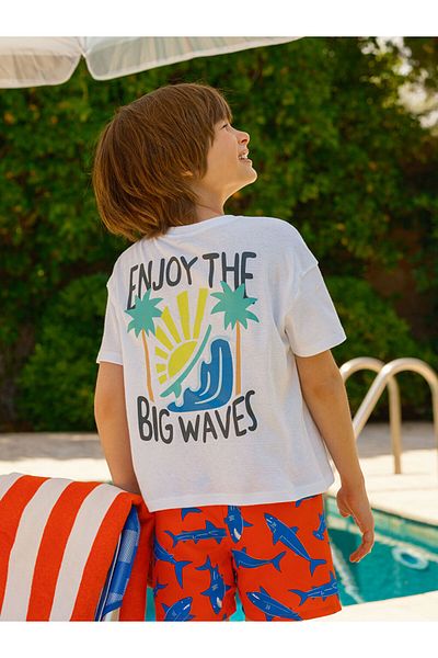 LC Waikiki White Crew Neck Printed Boy's T-Shirt