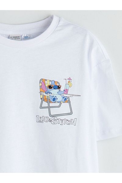 LC Waikiki Ecru Crew Neck Lilo and Stitch Printed Girl's T-Shirt