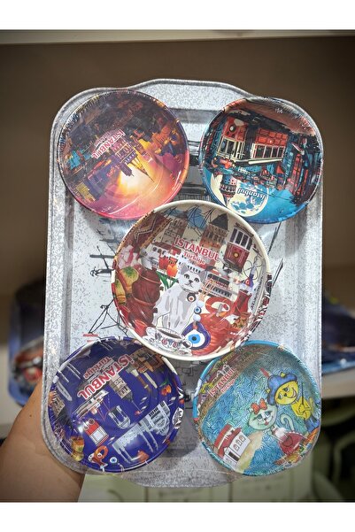 Işık kasabası طقم 6 أطباق وصينية للوجبات الخفيفة مطبوعة على طراز اسطنبول