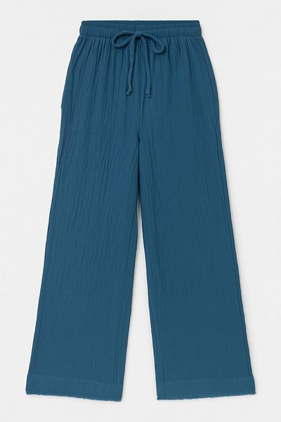 Palal Women's Petrol Blue Muslin Wide Leg Trousers