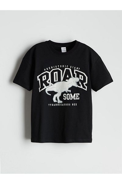 LC Waikiki Black Crew Neck Printed Boy's T-Shirt