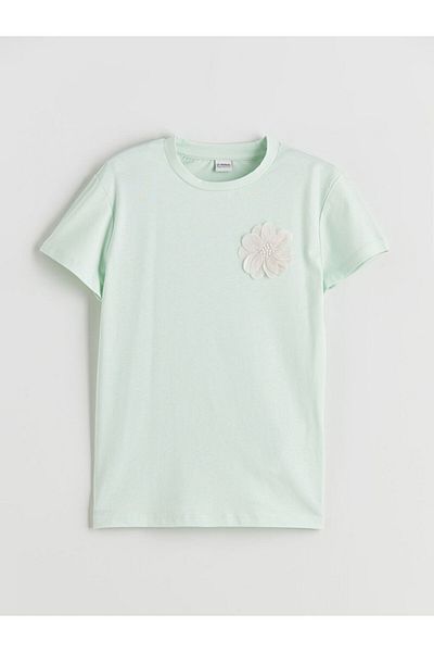 LC Waikiki Pastel Green Crew Neck Floral Girl's T-Shirt