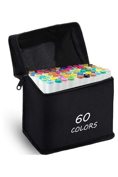 Touch 60pcs Dual Tip Markers Set, Assorted Colors Stylish White Body with Black Cloth Bag