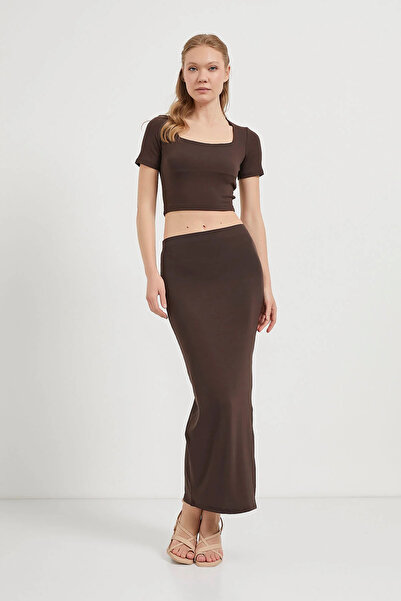 dubera creative Women's Slit Detailed Flexible Brown Bottom-Top Set