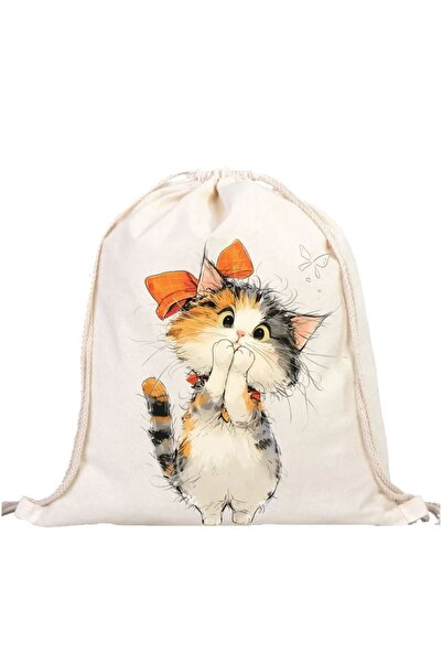 ÇANTA Sweet Look - Cute Cat Patterned Drawstring Bag with Bow