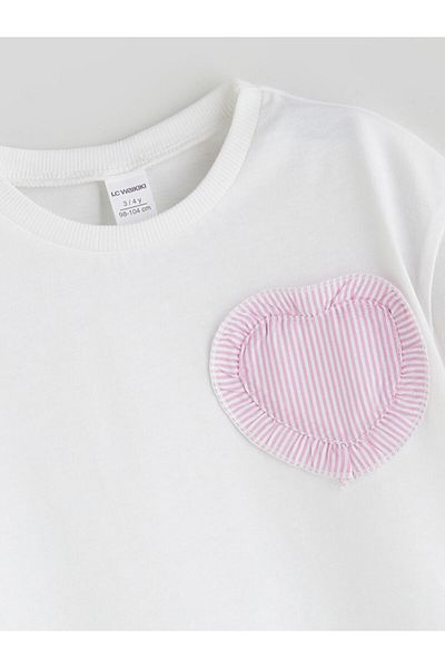 LC Waikiki Ecru Crew Neck Heart Striped Girl's T-Shirt