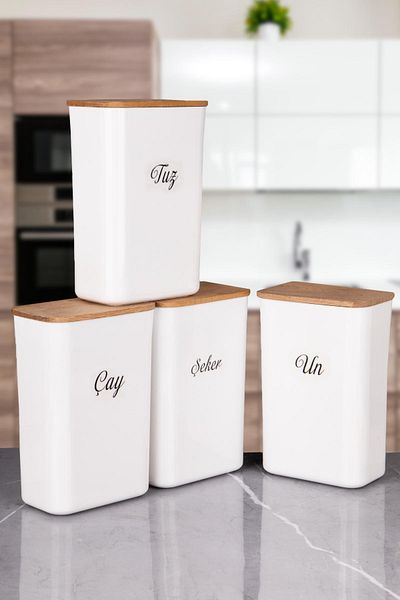 naturelove 4-Piece White Tea - Sugar - Salt - Flour and Food Storage Box Wooden Vacuum Lid 3 Lt Acrylic Label
