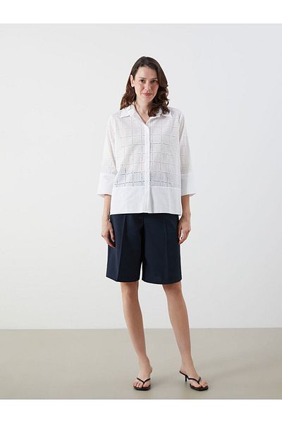 LC Waikiki Buxe White Openwork Brode Women's Shirt