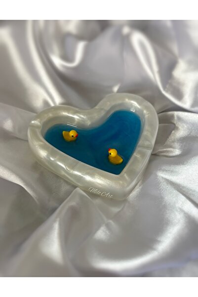 Milo Art El Yapımı Mini Ördek Temalı Kalp Şeklinde Epoksi Küllük Kalp Küllük Kül Tabağı