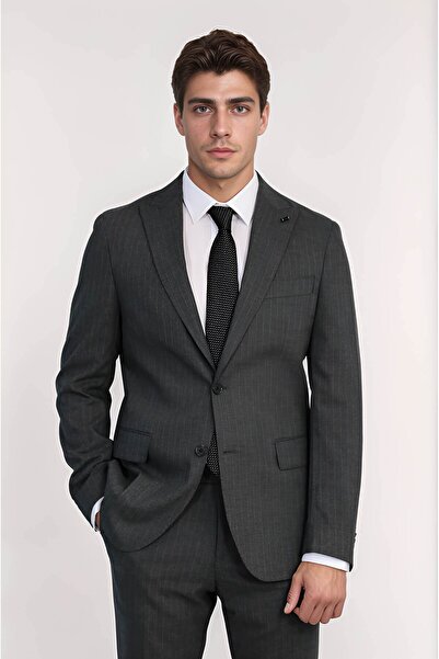 Velvarde ÇİZGİLİ/SİVRİ YAKA TAKIM ELBİSE GRİ